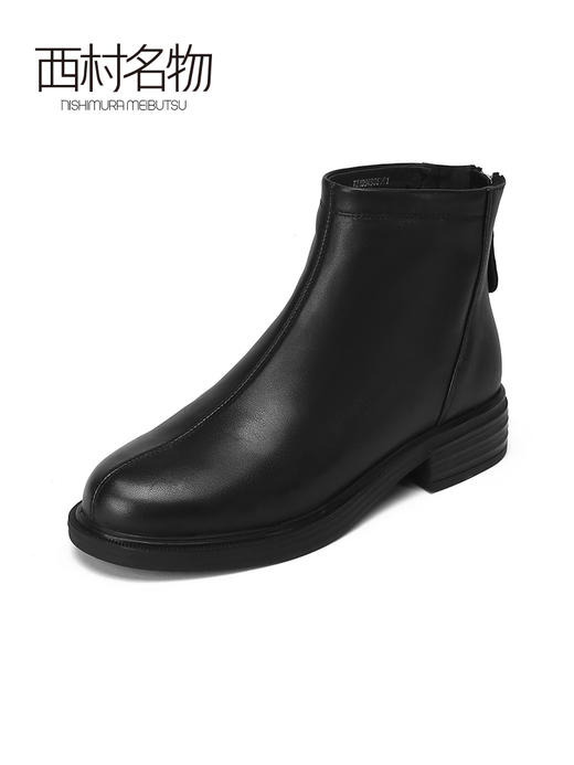 西村名物2021秋冬新款简约黑色圆头粗跟短靴后拉链女小皮靴T21DS45051 商品图0