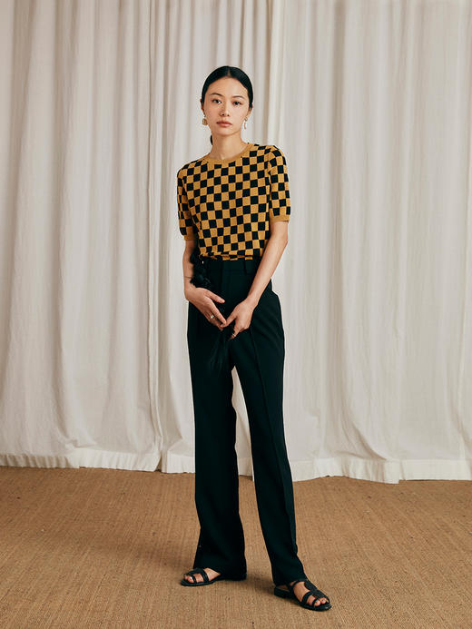 HeyDress棋盘格针织衫女复古外穿打底衫宽松小众短袖上衣 商品图2