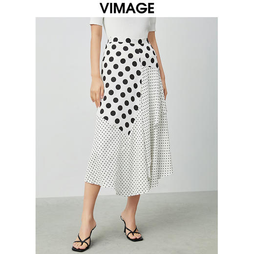VIMAGE纬漫纪夏款时尚复古波点印花A字垂感半身裙女裙V1306907 商品图0