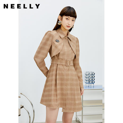 NEELLY纳俪气质格纹连衣裙女中长款收腰系带不规则下摆设计A字裙N22023Y01111 商品图2