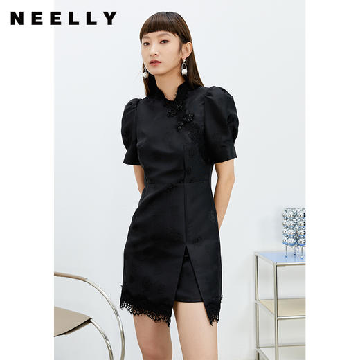 NEELLY纳俪商场同款中国风盘扣连衣裙女显瘦泡泡袖蕾丝拼接A字裙N22023Y02003 商品图0