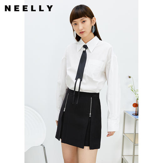 NEELLY纳俪商场同款春夏黑色半身裙女裙摆开叉设计高腰A字裙短裙N22022E01079 商品图2