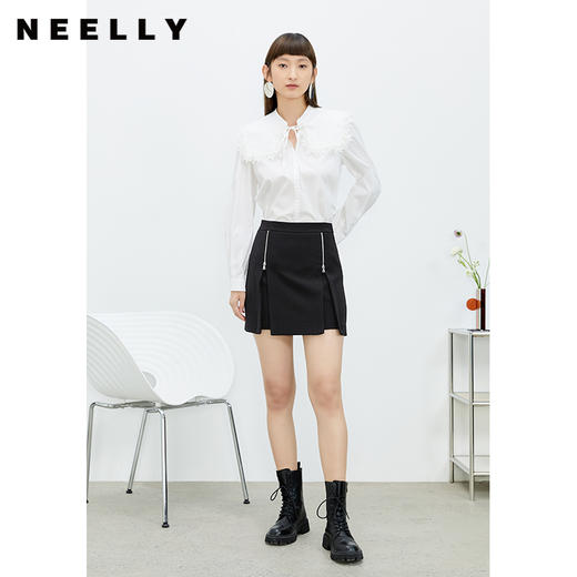 NEELLY纳俪商场同款春夏黑色半身裙女裙摆开叉设计高腰A字裙短裙N22022E01079 商品图3