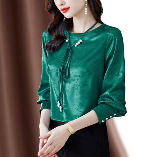 法式复古，圆领钉珠系带休闲提花仿真丝衬衫KQL-861 商品图2