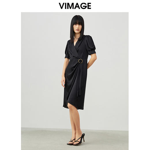 VIMAGE纬漫纪夏季新款洋气V领复古宫廷袖收腰连衣裙女裙V1707324 商品图1