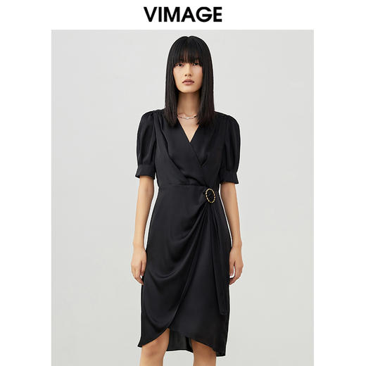 VIMAGE纬漫纪夏季新款洋气V领复古宫廷袖收腰连衣裙女裙V1707324 商品图0