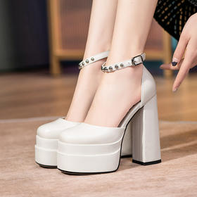 OLD-1831ddd 包头凉鞋女夏季一字带2022春秋新款圆头粗跟单鞋白色防水台高跟鞋