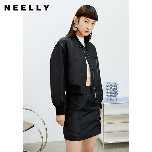 NEELLY纳俪商场同款高腰A字半身裙女中国风盘扣下摆开叉小个子潮N22023E02002 商品图2