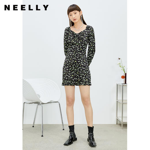 NEELLY纳俪商场同款复古桃心领碎花连衣裙女2022春夏新款百搭时尚N22022Y01091 商品图2