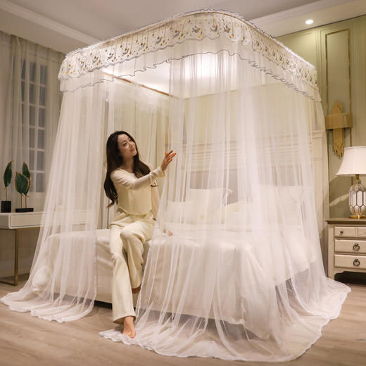 自然醒U型可升降导轨蚊帐1.5m1.8米轨道加厚加密落地家用防尘顶公主风8898HH 商品图1