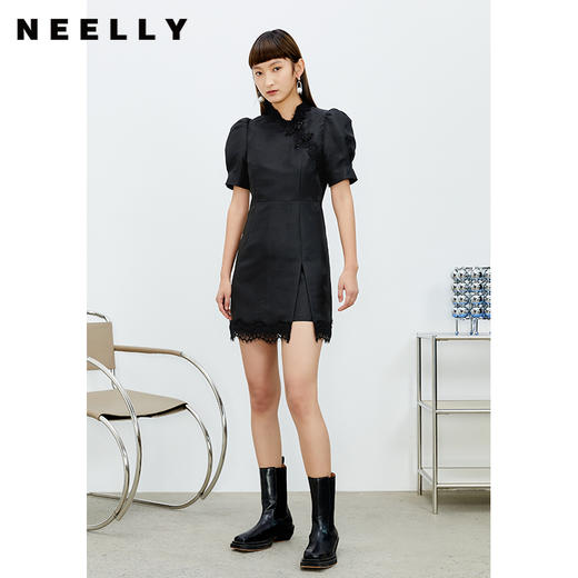 NEELLY纳俪商场同款中国风盘扣连衣裙女显瘦泡泡袖蕾丝拼接A字裙N22023Y02003 商品图3