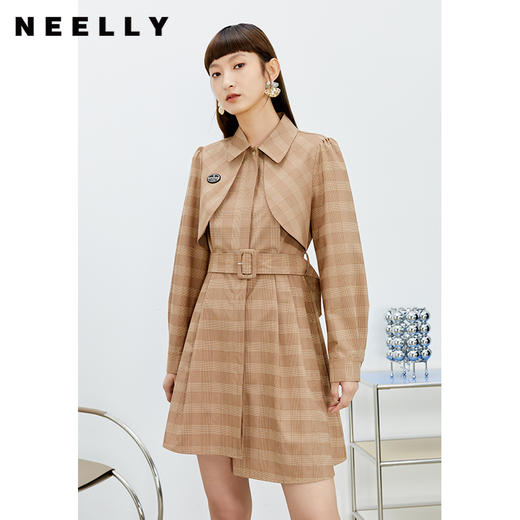 NEELLY纳俪气质格纹连衣裙女中长款收腰系带不规则下摆设计A字裙N22023Y01111 商品图1