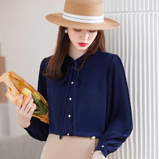 洋气时尚褶皱灯笼袖衬衫设计感休闲百搭时尚百搭系带衬衣 商品图1