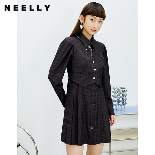 NEELLY纳俪格纹连衣裙女中长款单排扣泡泡袖A字裙百搭显瘦学院风N22022Y01093 商品图3