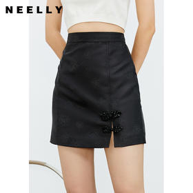 NEELLY纳俪商场同款高腰A字半身裙女中国风盘扣下摆开叉小个子潮N22023E02002