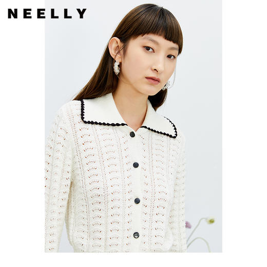 NEELLY纳俪商场同款气质撞色翻领针织衫女2022春新品镂空开衫百搭N22022A01057 商品图1