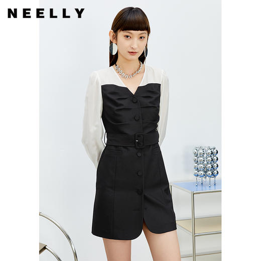 NEELLY纳俪商场同款气质V领连衣裙女撞色拼接简约风A字裙收腰春夏N22023Y01110 商品图2