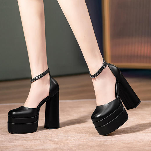 OLD-1831ddd 包头凉鞋女夏季一字带2022春秋新款圆头粗跟单鞋白色防水台高跟鞋 商品图1