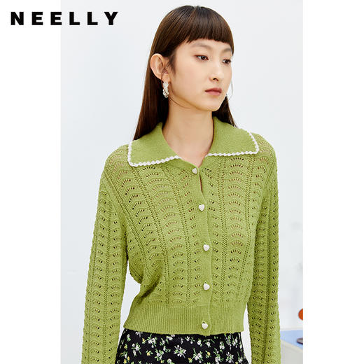 NEELLY纳俪商场同款气质撞色翻领针织衫女2022春新品镂空开衫百搭N22022A01057 商品图3