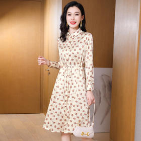 重磅真丝连衣裙新款衬衫领长袖桑蚕丝缎面裙子中长款ASE2351