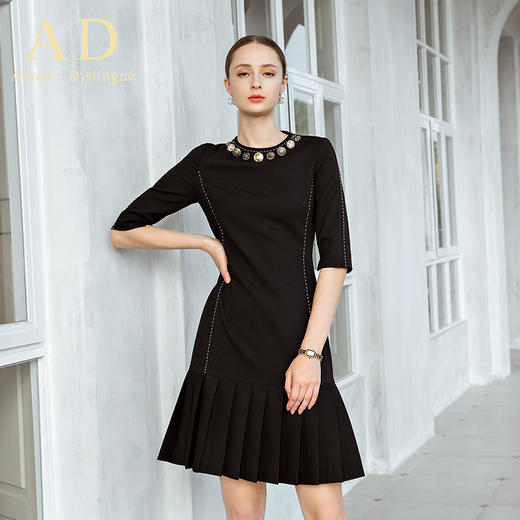 高端复古轻奢黑色古典包臀百褶裙名媛正装中袖巴洛克重工连衣裙 商品图2