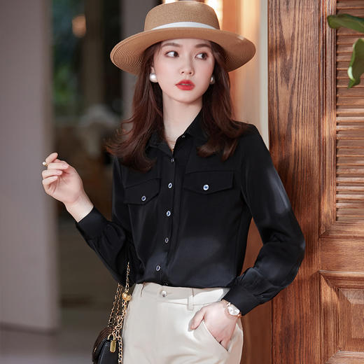 易打理丝立领设计宽松白色衬衫女春 商品图1