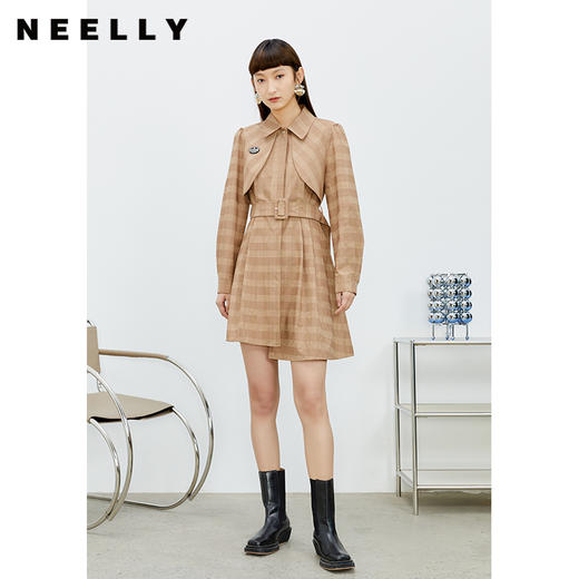 NEELLY纳俪气质格纹连衣裙女中长款收腰系带不规则下摆设计A字裙N22023Y01111 商品图3