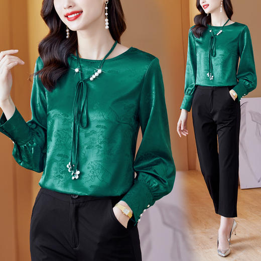 法式复古，圆领钉珠系带休闲提花仿真丝衬衫KQL-861 商品图3