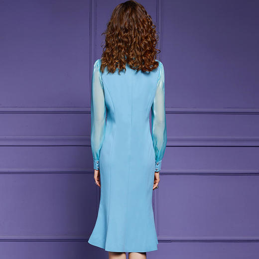 FMY43920新款法式时尚优雅气质收腰V领长袖钉珠鱼尾裙 商品图4