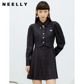 NEELLY纳俪格纹连衣裙女中长款单排扣泡泡袖A字裙百搭显瘦学院风N22022Y01093