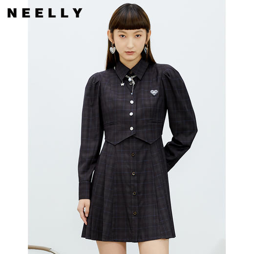 NEELLY纳俪格纹连衣裙女中长款单排扣泡泡袖A字裙百搭显瘦学院风N22022Y01093 商品图0