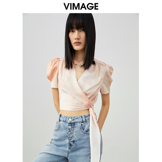 VIMAGE纬漫纪夏季新品V领宫廷袖印花小上衣短款V1713324 商品图0