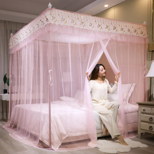 自然醒宫廷落地蚊帐家用1.5米1.8m/2.0m床纹账铝合金支架三开门公主风加密加厚防尘8899HH 商品图1