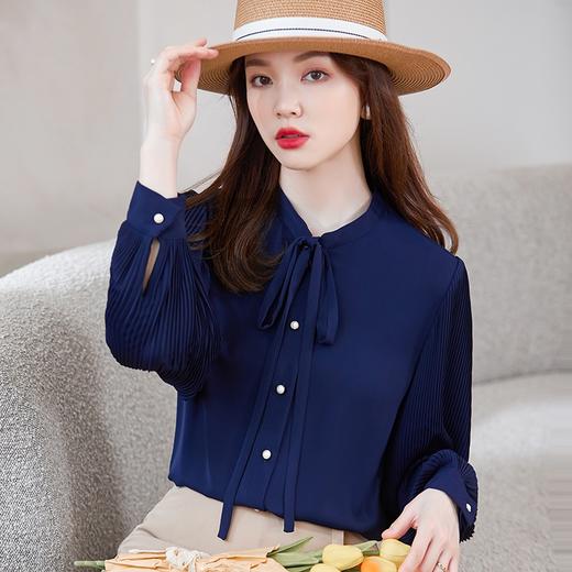 洋气时尚褶皱灯笼袖衬衫设计感休闲百搭时尚百搭系带衬衣 商品图0