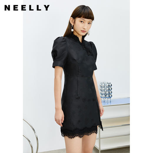 NEELLY纳俪商场同款中国风盘扣连衣裙女显瘦泡泡袖蕾丝拼接A字裙N22023Y02003 商品图2