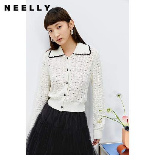 NEELLY纳俪商场同款气质撞色翻领针织衫女2022春新品镂空开衫百搭N22022A01057 商品图0