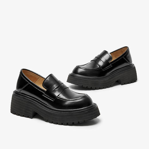 Beau Today 厚底乐福鞋女粗跟英伦风小皮鞋真皮黑色26534 商品图1