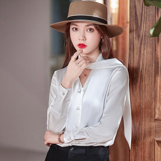 洋气醋酸缎面衬衫高端设计感气质时尚飘带衬衣 商品图1
