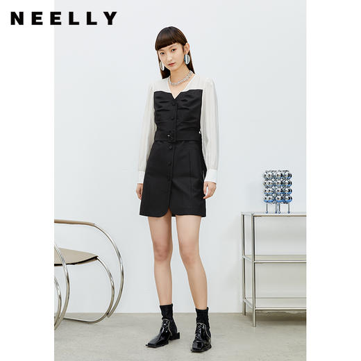 NEELLY纳俪商场同款气质V领连衣裙女撞色拼接简约风A字裙收腰春夏N22023Y01110 商品图3