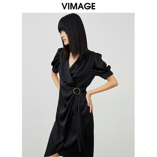 VIMAGE纬漫纪夏季新款洋气V领复古宫廷袖收腰连衣裙女裙V1707324 商品图2