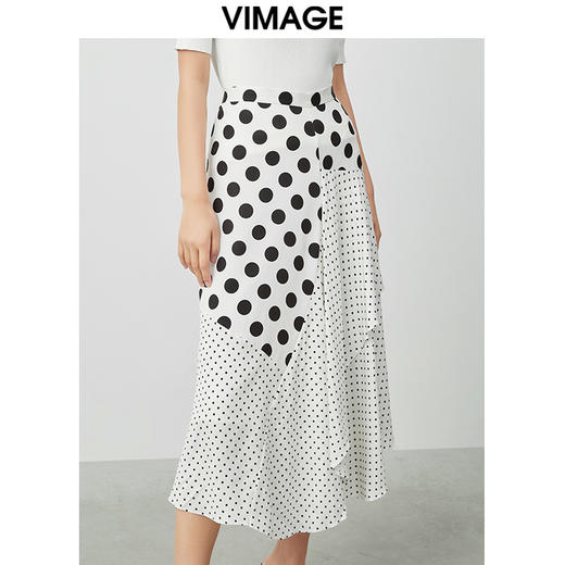 VIMAGE纬漫纪夏款时尚复古波点印花A字垂感半身裙女裙V1306907 商品图3