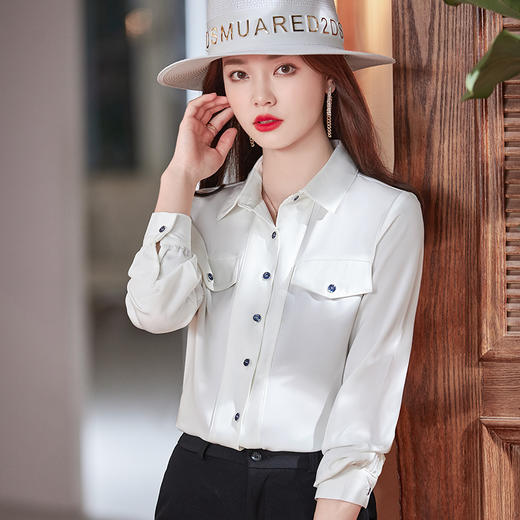 易打理丝立领设计宽松白色衬衫女春 商品图2