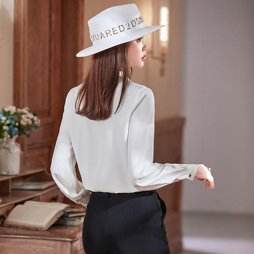 易打理丝立领设计宽松白色衬衫女春 商品图4