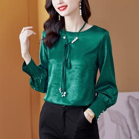 法式复古，圆领钉珠系带休闲提花仿真丝衬衫KQL-861