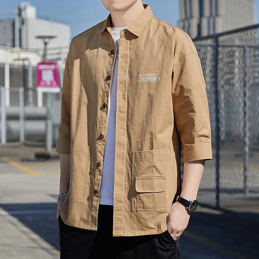 2022时尚新款韩版七分袖男士衬衫翻领休闲绿色宽松型夏季现货普通纯色棉青年衬衫男 商品图2