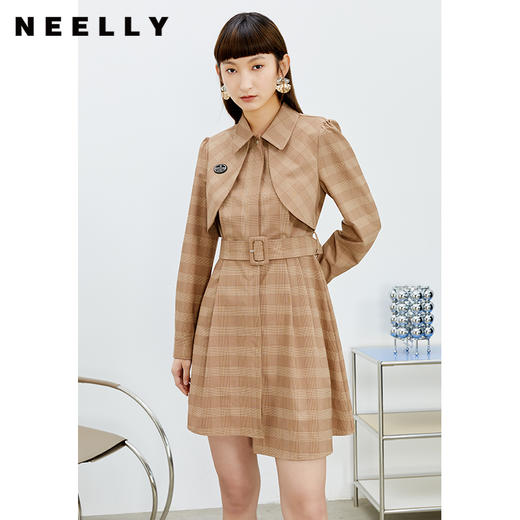 NEELLY纳俪气质格纹连衣裙女中长款收腰系带不规则下摆设计A字裙N22023Y01111 商品图0