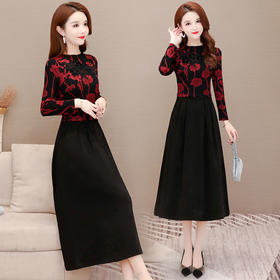 2022春款中腰裙套装小香风气质通勤印花法式收腰红色中长裙  ZQ1305-2202