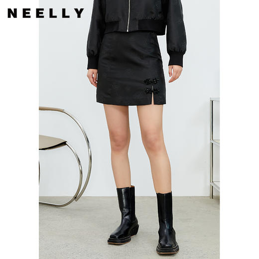 NEELLY纳俪商场同款高腰A字半身裙女中国风盘扣下摆开叉小个子潮N22023E02002 商品图1