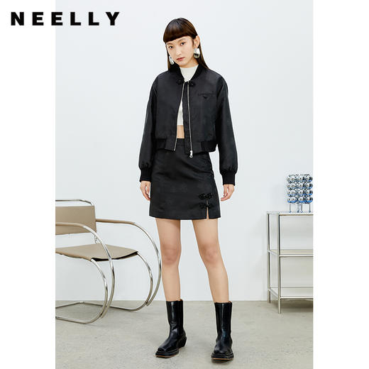 NEELLY纳俪商场同款高腰A字半身裙女中国风盘扣下摆开叉小个子潮N22023E02002 商品图3