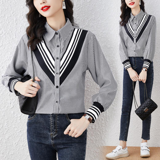 2022春季新款螺纹配色翻领宽松春装条纹衬衫 YX6151 商品图2